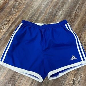 Adidas blue athletic summer shorts with white stripes